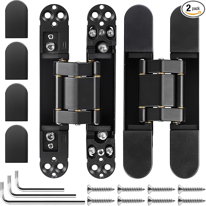 2Kits 6 inch Stainless Steel Hidden Door Hinges -Invisible Hinges for Doors, 180 Degree Swing Concealed Door Hinges, 3 Way Adjustable for Heavy Duty (Black