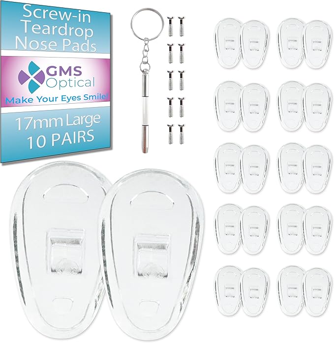 GMS Optical Screw-in Silicone Nose Pads for Glasses | 17mm Large| Non Slip Nose Grips for Sunglasses & Eyewear, Anti Slip Eyeglass Accessories w/Screws & Screwdriver, Gives Comfort (10 Pairs, Clear)