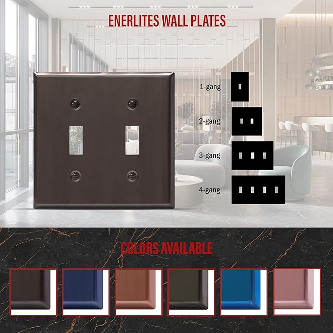ENERLITES Toggle Light Switch Metal Wall Plate, Stainless Steel Switch Cover, Corrosion Resistant, Standrad Size 2-Gang 4.50" x 4.57", Stainless Steel 201, 7712-BBK, Brushed Black