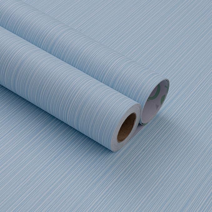 Light Blue Faux Grasscloth Wallpaper Peel and Stick Linen Textured 24"x394" Upgraded Thick Self-Adhesive Waterproof Neutral Decorative Contact Paper Vinyl Film Roll for Wall Bedroom Kitchen