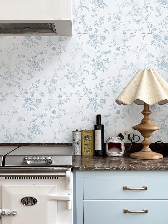 Ismoon Blue Wallpaper Peel and Stick Floral Vintage Stick on Wall Paper French Textured Contact Paper for Cabinet Removable Self Adhesive Wallpaper Vinyl Roll Shelf Deco, 17.3x787in