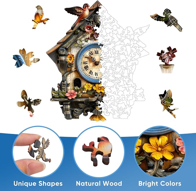 Pikoqunc Wooden Jigsaw Puzzles, Clock House Wooden Puzzles for Adults 500 Pieces with Birds, Unique Vintage Wood Puzzle for Home Décor, Perfect Holiday, 15.2’’ x 17.7’’ Family Game