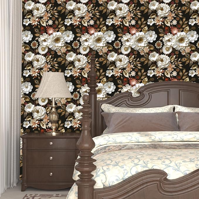 Vintage Wallpaper Peel and Stick Dark Floral Contact Paper 17.5in x 118in White Gold Flower Wallpaper Vinyl Waterproof Self Adhesive Boho Leaf Botanical Wall Paper for Bedroom Cabinet Table Decoration