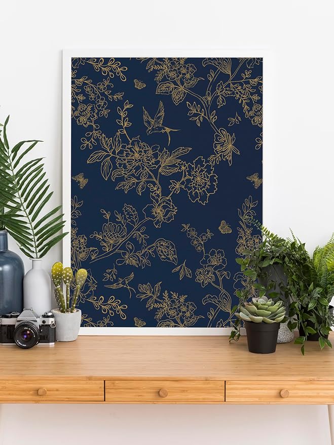 Froluya Dark Blue and Gold Vintage Floral Peel and Stick Wallpaper 17.7"x118.1" Dark Blue Floral Wallpaper Peel and Stick Removable Self Adhesive Wall Paper for Bathroom Bedroom Decorative Vinyl