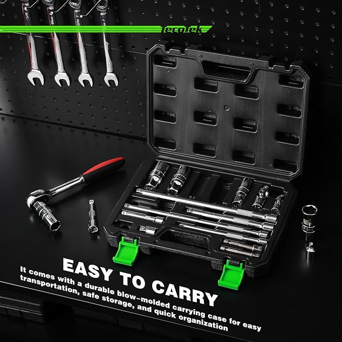 TecoTek 17-Pieces Drive Tool Accessory Set, Spark Plug Socket Set, Includes 1/4" & 3/8” Drive Extension Bar, Socket Adapter, Universal Joints, Spark Plug Sockets, Professional Socket Accessories, Cr-V