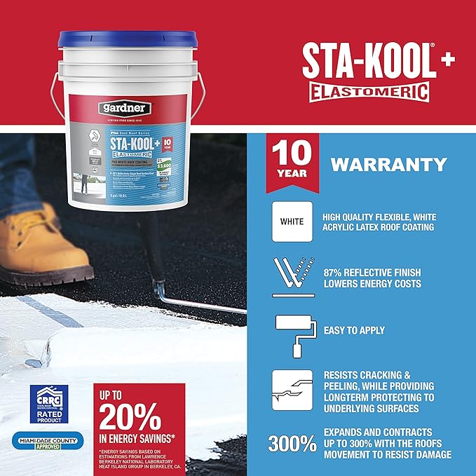 Gardner Sta-kool Elastomeric Roof Coating, White, RV Roof Coating 5 Gallon