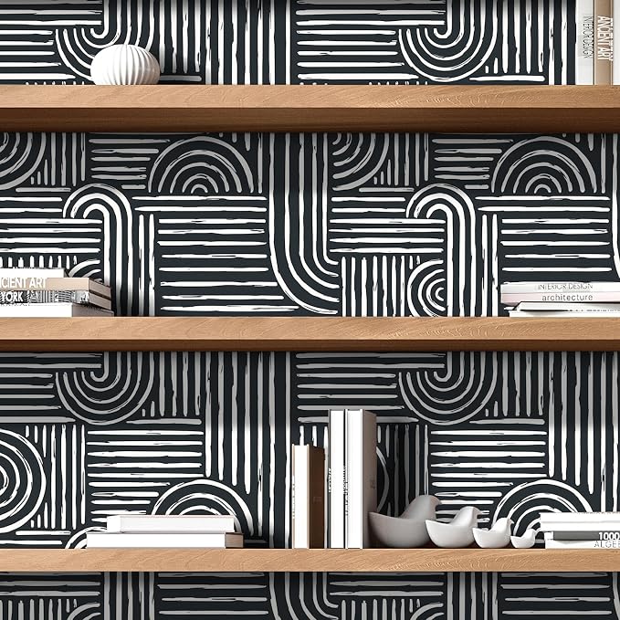 Livelynine Geometric Peel and Stick Wallpaper Black and White Modern Mid Century Geometric Abstract Wall Paper Contemporary Minimalist Lines 17.5x78.8 Geometric Pattern Contact Paper for Cabinets