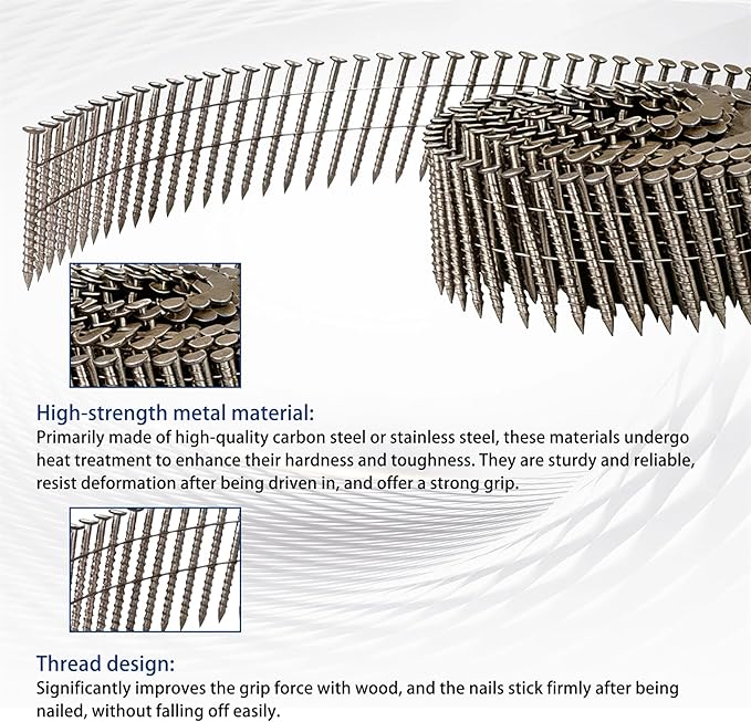waltyotur 3600 Count Stainless Steel Coil Roofing Ring Shank Siding Nails 15-Degree Collated Wire Coil 2-1/2 Inch, 0.09 Inch Ring Shank, Small Cap Coil Stud Siding Nails