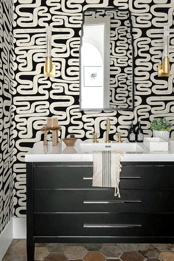 Black and Cream White Peel and Stick Wallpaper Modern Geometric Self-Adhesive Removable Contact Paper Thicken Waterproof Easy to Clean Decorative Wall Paper for Bedroom Bathroom 17.3in x 78.7in