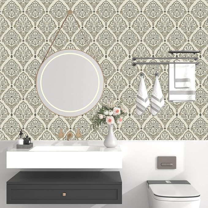 Vintage Khaki Floral Botanical Symmetrical Wallpaper 17.5" x 393" | Self Adhesive/Removable/Waterproof/Thick Vinyl Contact Paper for Bathroom Bedroom Shelf Cabinet Drawer,Prepasted,Easy Peel