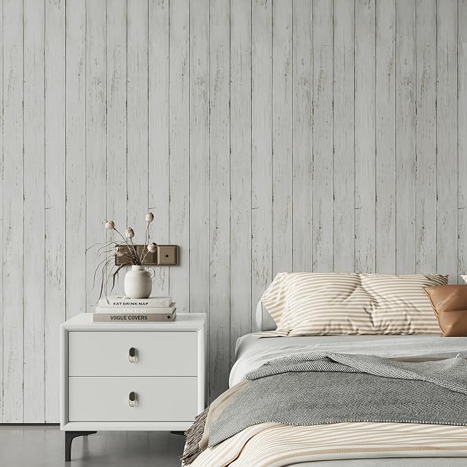 Shiplap Peel and Stick Wallpaper, Contact Paper for Classroom Home Decor | with Tools Self-Adhesive White Wood Plank Film, Farmhouse Decor for Bulletin Board Desk Cabinet & Home Renovation 17.7"x118"