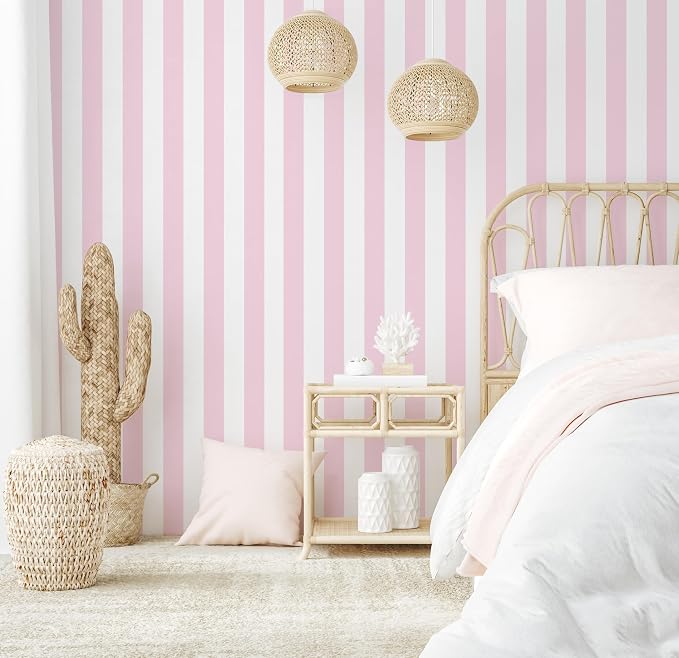 Cohoo Home Pink Striped Peel and Stick Wallpaper Pink and White Stripe 17.7”×118” Contact Paper for Cabinets Modern Stripes Self-Adhesive Removable Wall Paper Cute Girls Bedroom Nursery Decor Vinyl