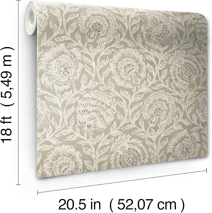 NuWallpaper x Nabela Noor Home Aliviya Pistachio Peel and Stick Wallpaper, Brown, Flowers, Transitional, Self-Adhesive, 20.5-in x 18-ft