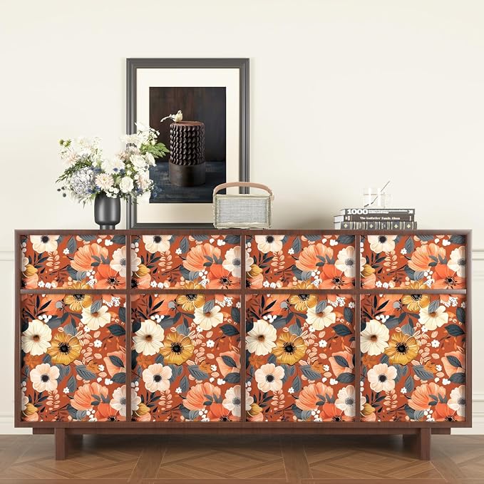 BOKEBEVE Floral Wallpaper Peel and Stick Boho Vintage Orange 17.5 x 393.5In | Extra Long Removable Renter Friendly Vintage Floral Wall Paper for Bedroom Bathroom Cabinet Drawer Feature Accent Wall