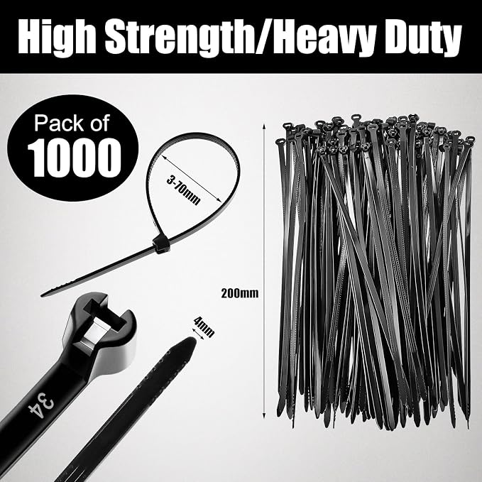 Blulu 1000 Pcs 7 Inch Cable Zip Ties with Metal Tooth Stainless Steel Locking Device, Black Nylon Cable Ties, 50 Lbs Tensile Strength, UV Resistant Wire Wraps Multi Purpose for Indoor Outdoor Use