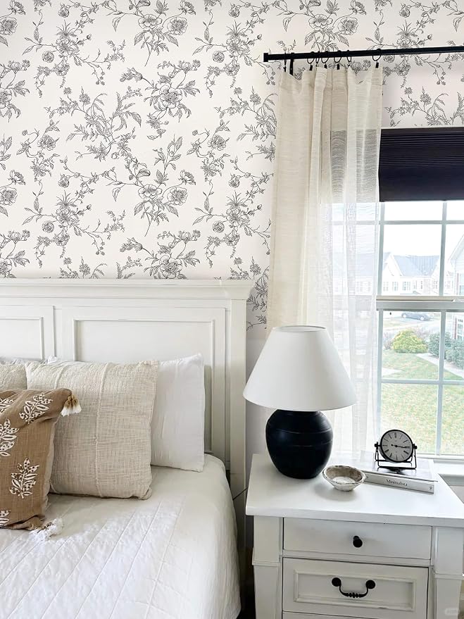 Ismoon Peel and Stick Wallpaper Floral Vintage Stick on Wall Paper Black and White Contact Paper for Cabinet French Textured Removable Self Adhesive Wallpaper Vinyl for Bedroom Wall Deco 17.3 x 393in