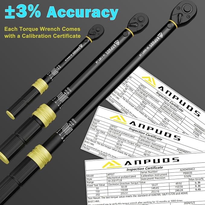 5Pcs 1/4 3/8 1/2-inch Drive Click Torque Wrench Set, ±3% Accuracy | 20-240in.lb, 10-110Ft.lb, 30-250Ft.lb, 72-Tooth Quick Release, Dual Scale, for Bike, Motorcycle, Car, SUV, Truck, RV, Towing
