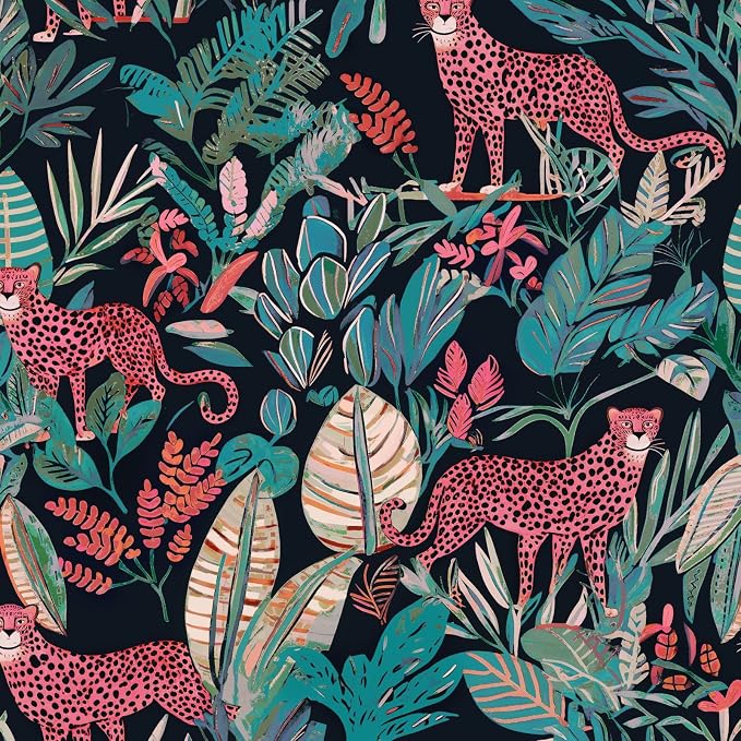Pink Vintage Leopard Peel and Stick Wallpaper 17.5" x 118" | Waterproof Vinyl Self Adhesive Removable Renter Friendly Floral Contact Paper