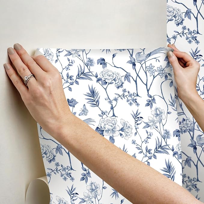 NuWallpaper Chinoiserie Garden Indigo Peel and Stick Wallpaper, NUS6363