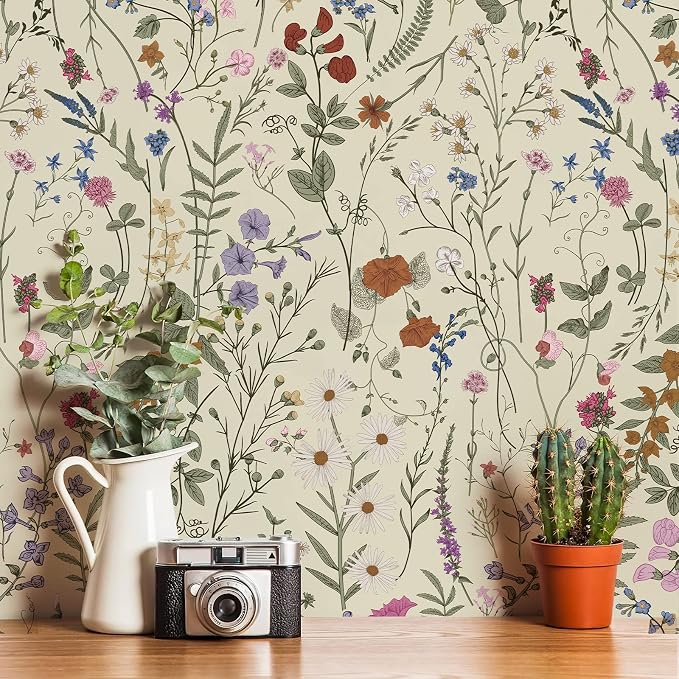 Wallpaper Self-Adhesive Blooming Vintage Colourful Flowers Wall Paper for Bedroom Living Room Cabinet, Peel and Stick Beige Sketch Little Flowers Wallpaper Mural 7.1 sq. feet (59"x17.3")