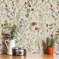Wallpaper Self-Adhesive Blooming Vintage Colourful Flowers Wall Paper for Bedroom Living Room Cabinet, Peel and Stick Beige Sketch Little Flowers Wallpaper Mural 7.1 sq. feet (59"x17.3")