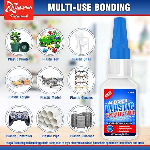 ALECPEA 30g Plastic Glue - High-Strength Acrylic & PVC Welder for Model Kits, Electronics & DIY Crafts - Instant Adhesive for ABS, PC & Hard Plastics - Quick 15s Set with 3 Precision Tips