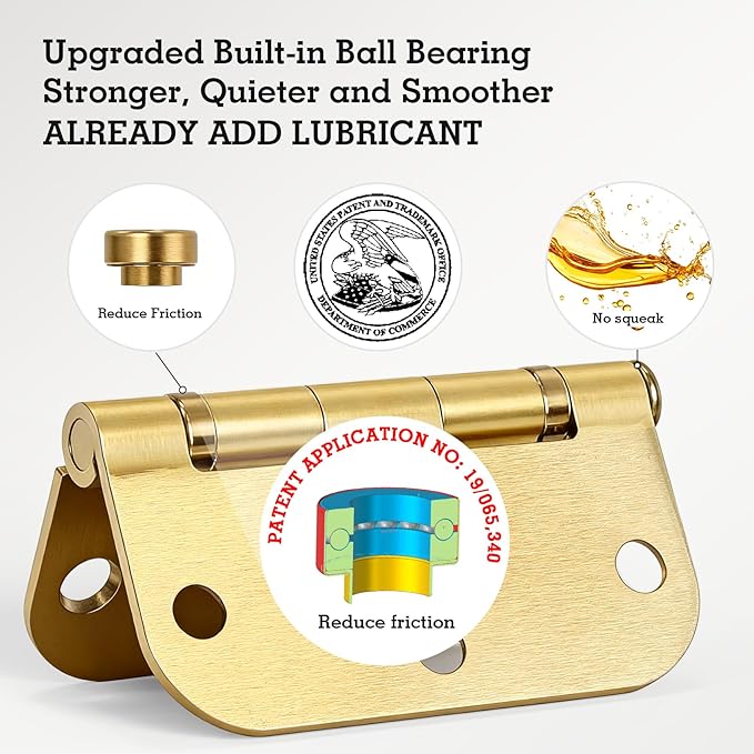 18 Pack Ball Bearing Round Satin Brass Door Hinges 3.5 Inch 5/8" Radius Anti Squeak Interior 3-1/2"Flat Bifold Standard Bedroom Indoor for Doors 3 ½" Hardware Essentials House Home Decor Accessories