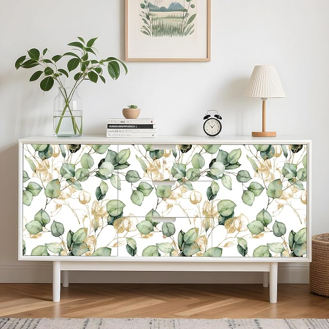 Livelynine Sage Green and Gold Botanical Wallpaper Peel and Stick Elegant Muted Green Eucalyptus Leaf Wallpaper Prepasted Removable White Gold Boho Contact Paper for Cabinets Classroom Wall 17.5x78.8