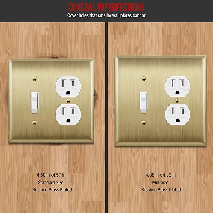 ENERLITES Combination Toggle Switch and Duplex Receptacle Metal Wall Plate, Stainless Steel 201 Outlet Cover, Corrosion-Resistant, Mid-Size 2-Gang 4.88" x 4.92", 771121M-BB, Brushed Brass