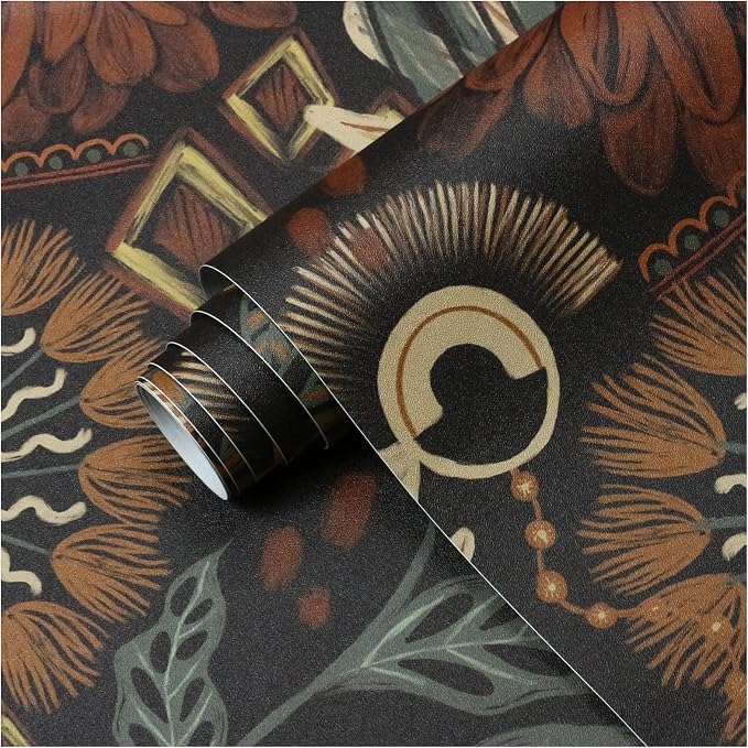 HAOKHOME Boho Peel and Stick Wallpaper Floral Botanical 17.3in x 32.8ft | Renter Friendly Removable Vintage Textured Wall Paper Retro Brown Green Vintage Cottagecore for Bedroom Bathroom Accent Wall