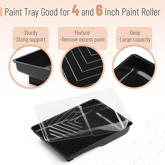 Bates- 6 Inch Paint Roller Tray Set, 12 pcs, 6 Inch Paint Tray Kit, 1x Black Plastic Paint Tray, 10x Transparent Liners & 1x 4 Roller Frame