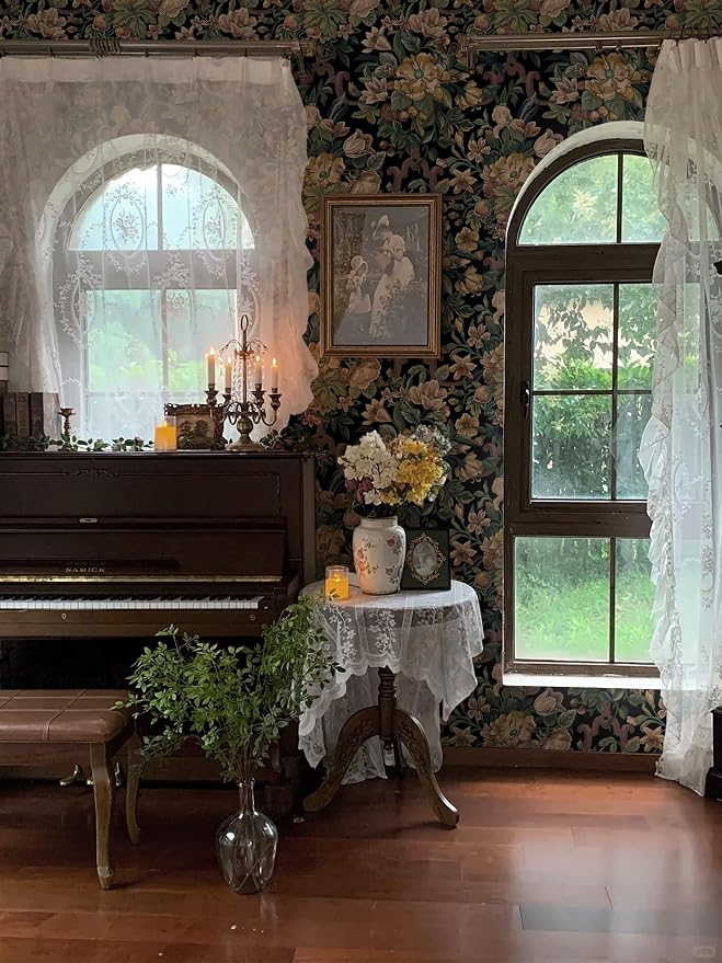 Dimoon Vintage Wallpaper Peel and Stick Archival Dark Green Floral Wallpaper 17.3"x393"Flower Leaf Retro Contact Paper for Bedroom Thicken Waterproof Self Adhesive Wall Paper Removable Vinyl Roll