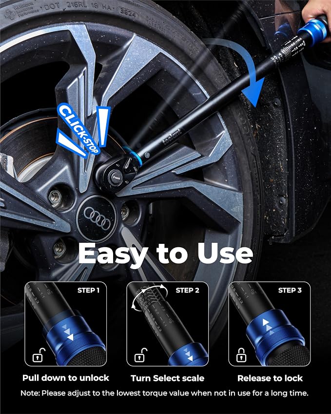 toolant 13-Piece 1/2" Torque Wrench Set, 25-250 ft-lb, ±3% | Includes 10 deep sockets, a 5" extension, and an 18"-24" telescopic breaker bar for tire work.