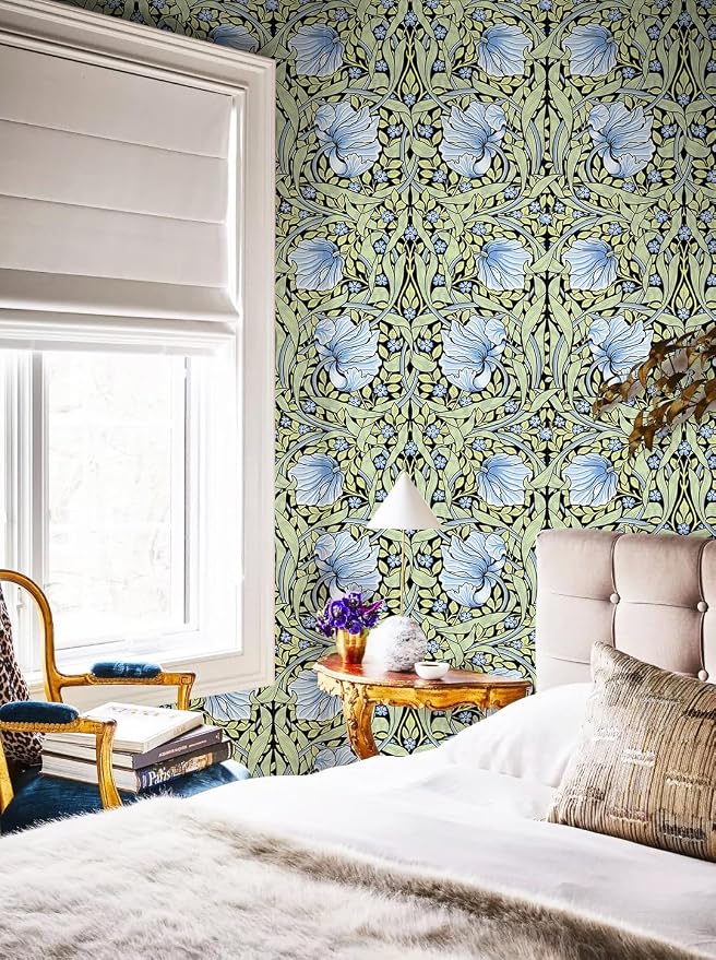 HAOKHOME Vintage Wallpaper Peel and Stick Floral Vine Green/Blue/Black Wall Murals Home Kitchen Bedroom Decor by William Morris 17.3in x 9.8ft