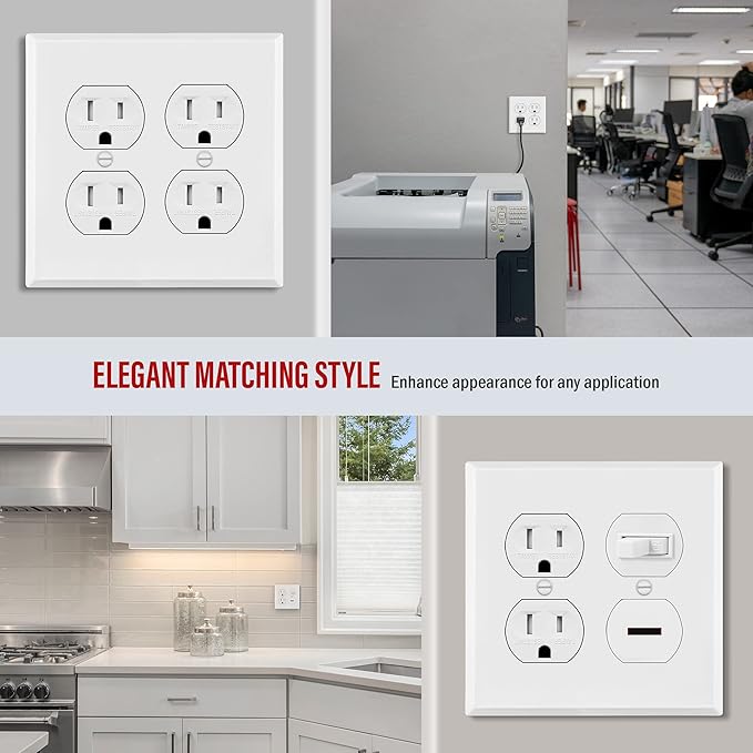 ENERLITES Double Duplex Receptacle Metal Wall Plate, Outlet Cover, Corrosion Resistant, Standard Size 2-Gang 4.50" x 4.57", Powder Coated Stamped Steel, 7722-WM, White Matte