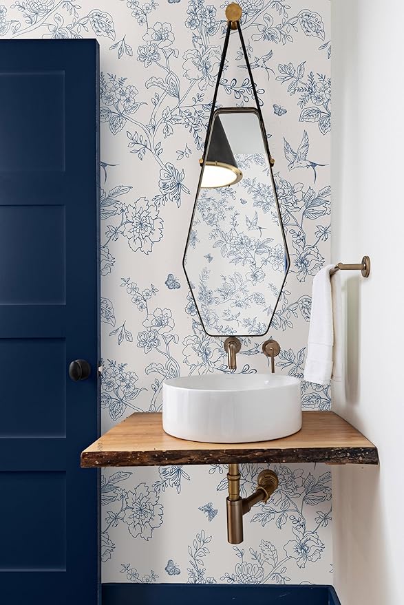 Froluya Cream White and Blue Floral Wallpaper Peel and Stick Wallpaper 17.7"x196.8" Vintage Floral Peel and Stick Wall Paper Removable Boho Self Adhesive Contact Paper for Bedroom Bathroom Vinyl