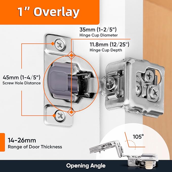 Decobasics 20 Pack Soft Close Cabinet Hinges – 1" Overlay for Kitchen Cabinet Doors, Face Frame Concealed Hidden Hinges – Stainless Steel, Self-Closing with 3-Way Adjustment & Slow Close Damper