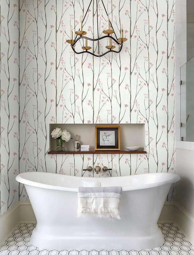 Timeet 197"x16" Floral Wallpaper Peel and Stick Wallpaper White and Pink Wallpaper Boho Self Adhesive Removable Wallpaper for Living Room Bedroom Bathroom Decor