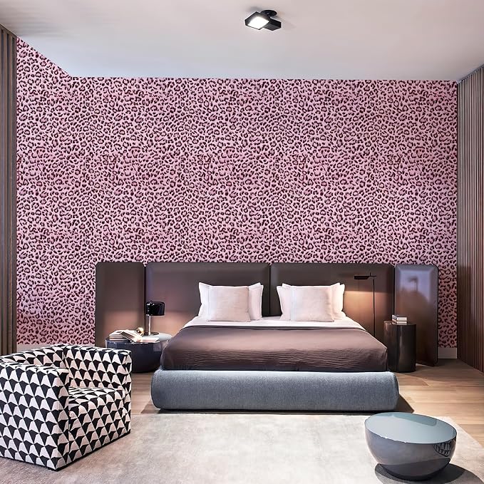 Leopard Print Peel and Stick Wallpaper, Waterproof Removable Self Adhesive Textured Wall Paper, Black and Pink Unique Funky Cheetah Contact Paper for Bedroom and Bathroom 120"X17.3"(14.4 sq. ft)
