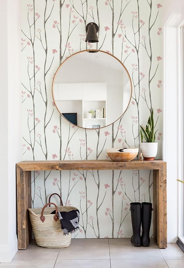 Timeet Floral Wallpaper White and Pink Wall Paper Peel and Stick Modern Contact Paper Removable Self-Adhesive Bedroom Bathroom 16" x 78.7"
