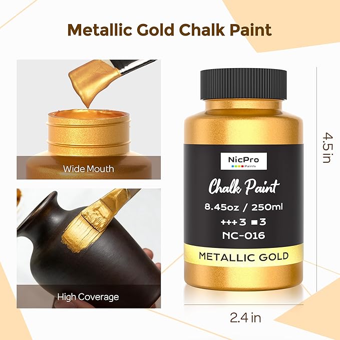 Nicpro Gold Chalk Paint for Furniture, 8.45oz/250ml, All-in-One Metallic Gold Leaf Paint with Built-In Primer & Topcoat, Soft Gloss Finish, Non-Toxic Chalk Paints for Wood, Metal & Home Decor