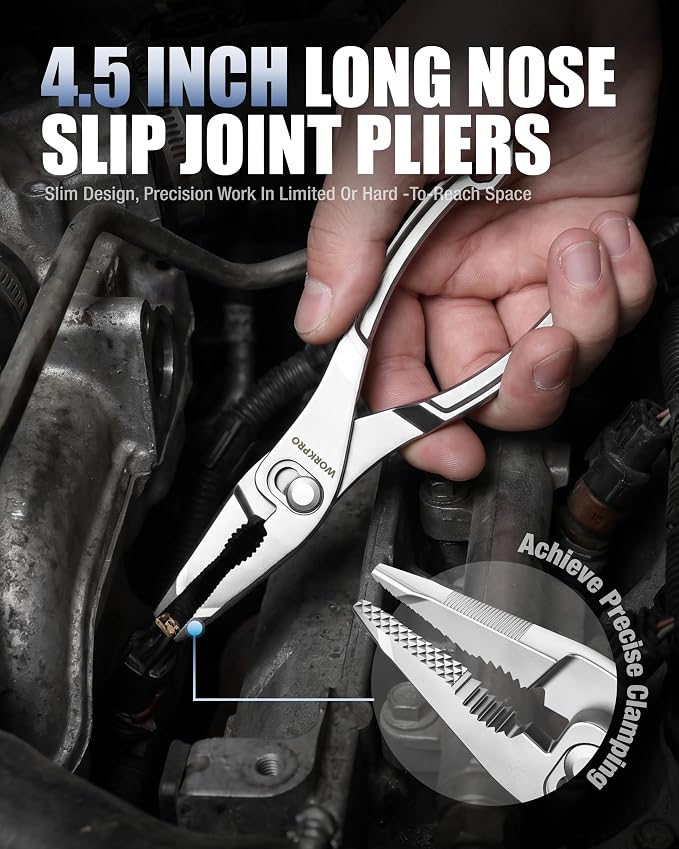 WORKPRO 4-Piece Mini Pliers Set with Pouch, Pocket Pliers, EDC Tool Gift | 4-Inch Plier Wrench, Slip Joint Plier, Water Pump Plier, 4.5-Inch Long Nose Slip Joint Plier, Alloy Steel, Anti-Rust Coating