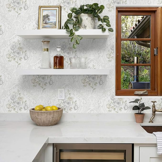 Ismoon Vintage Peel and Stick Wallpaper Floral Contact Paper Boho White and Grey Watercolor Damask Wallpaper Textured Removable Self Adhesive Vinyl Wall Paper for Bedroom, 17.3 in X 32.75ft