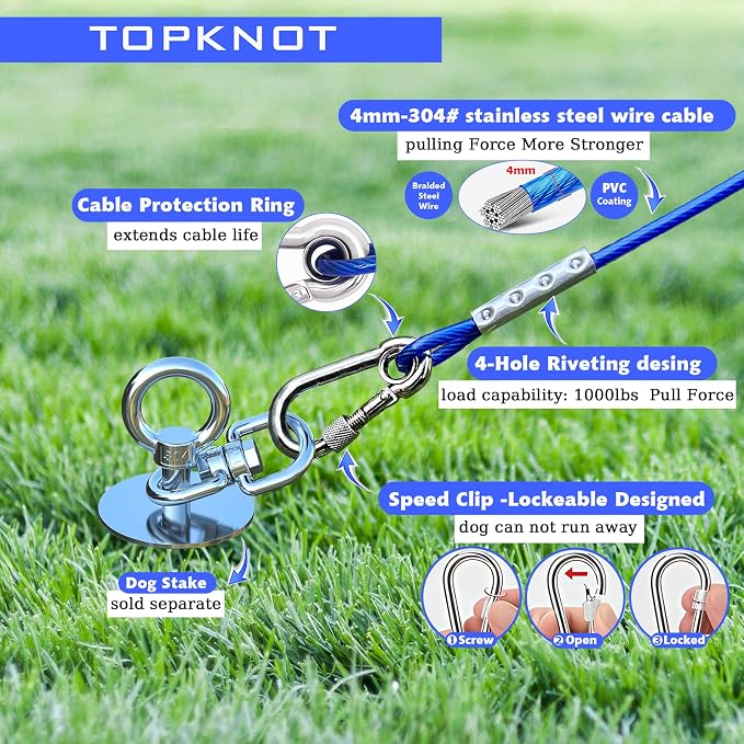 TOPKNOT Dog Tie Out Cable and Stake,45FT Heavy Duty Cable,360°Swivel Dog Run- No Tangle,Runner for Yard- Up to 150LBS,Ideal for Outdoor Camping
