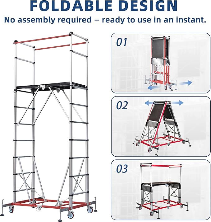 APARECIUM 12’ Aluminum Scaffolding, Foldable Scaffolding Ladder, Multipurpose Rolling Scaffolding Work Platform, Scaffold Tower, Ladder Stool Work Bench, Adjustable Work Platform, 330 Lbs Duty Rate