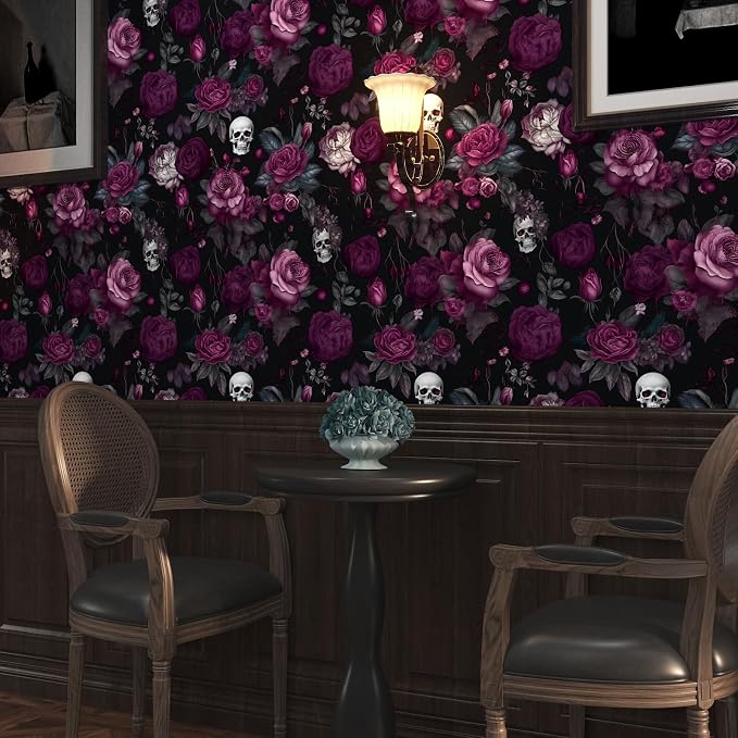 ILHIIOR Black Floral Gothic Peel and Stick Wallpaper 17.5 x 393 Inches | Leaf Removable Self Adhesive Waterproof Contact Paper, Renter Friendly Decor for Cabinets, Drawers & Bedroom Walls