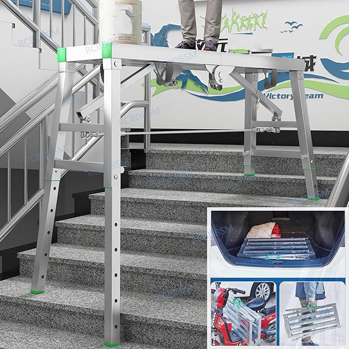 Adjustable Work Platform with 800 lb Duty Rating, Portable Multipurpose Folding Scaffolding Work Platform Scaffold Tower Ladder Stool Bench Adjustable Height, Carbon Steel Structure,180cm/5.9ft