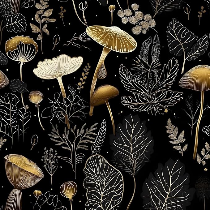 Laatse Boho Wallpaper Peel and Stick Dark Floral Contact Paper 17.5" x 197" Vinyl Self Adhesive Vintage Mushrooms Wall Mural Leaf Wall Paper for Room Countertop Drawer Decor(Golden,Black)