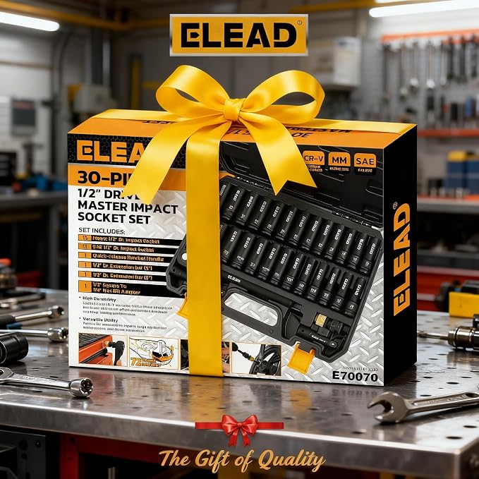 ELEAD 1/2" Drive Deep Impact Socket Set: 30-Piece Standard SAE (3/8 to 1 Inch) and Metric (10-24mm) Size, 3" and 5" Drive Extension Bar, Ratchet Handle, Bit Adapter, CR-V Steel for Auto Repair