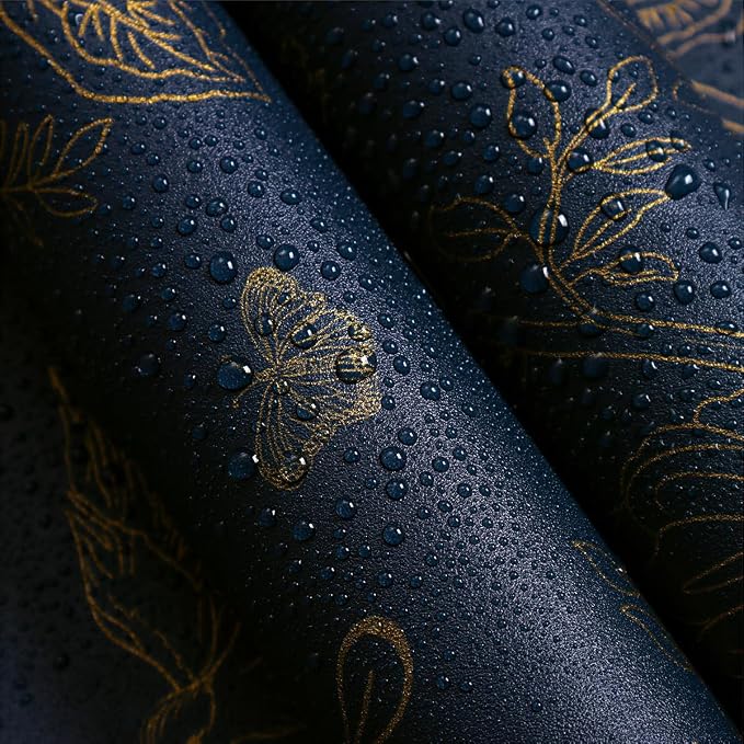 Froluya Dark Blue and Gold Vintage Floral Peel and Stick Wallpaper 17.7"x393.7" Dark Blue Floral Wallpaper Peel and Stick Removable Self Adhesive Wall Paper for Bathroom Bedroom Decorative Vinyl